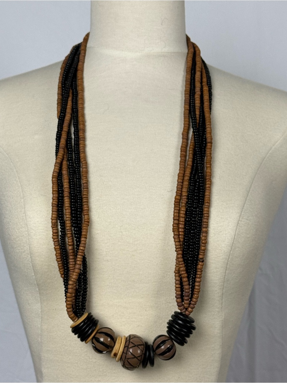 Vintage Wood Bead Necklace Multi-Strand Carved Boho Ethnic Statement 18"